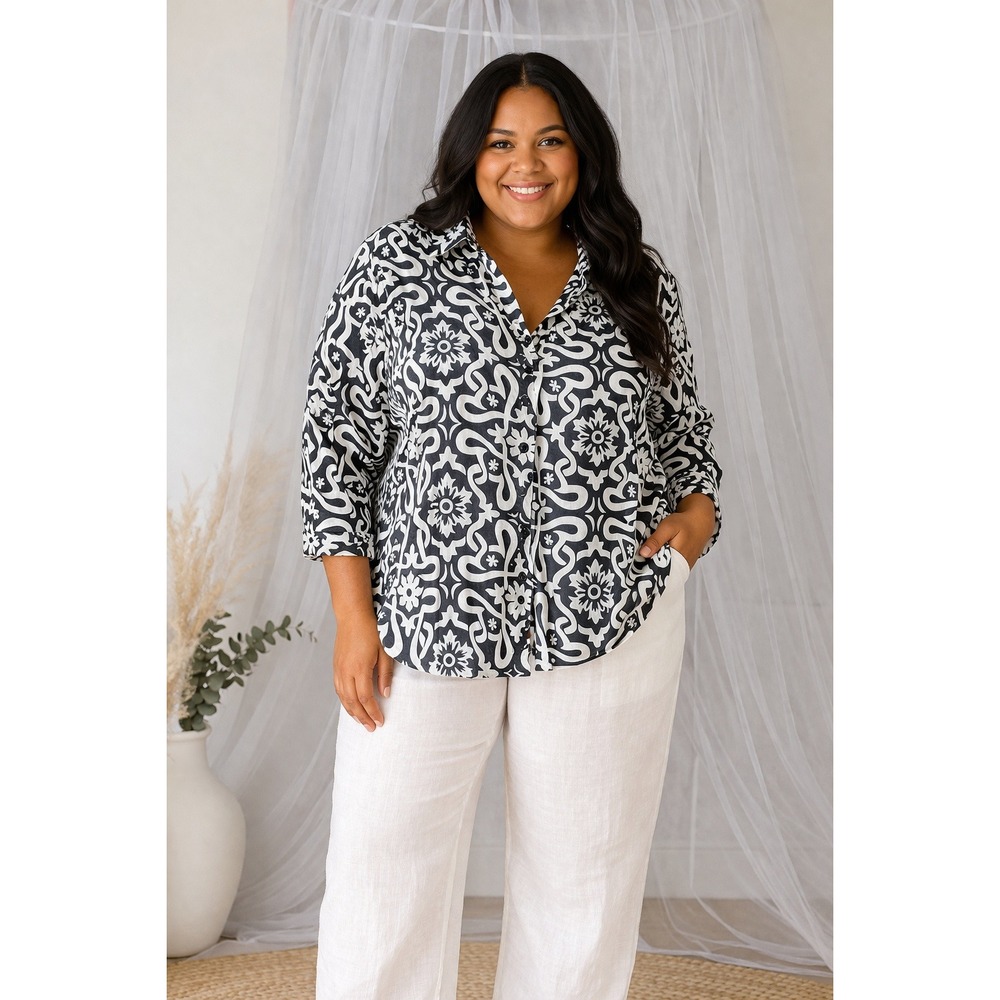 Carole Little Linen Artsy Button Down Top Career Going Out Casual Resort Size 1X